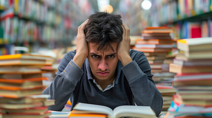 Stressed student overwhelmed by books in a library during study session