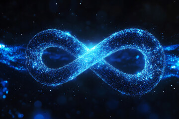 An abstract digital background banner featuring an infinity sign, intricately connected with data streams in blue and black colors