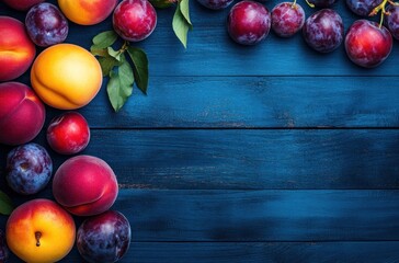 Poster - A blue background with a bunch of fruit on it