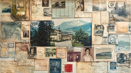 A vintage collage featuring old photographs, postcards, and stamps, evoking a sense of nostalgia and history.