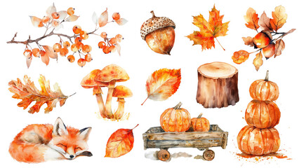 Sticker - PNG watercolor autumn  design element set, transparent background