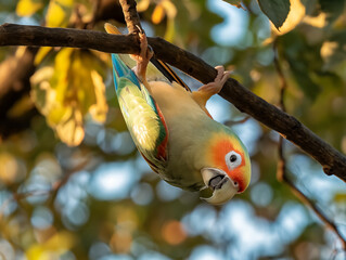 Poster - A colorful parrot is hanging from a tree branch. The bird is perched on a branch and he is looking down