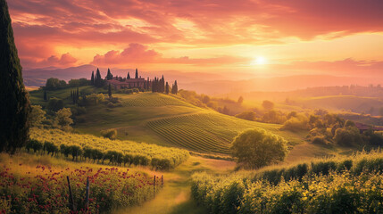 Wall Mural - Sunset over vinery on a mountain