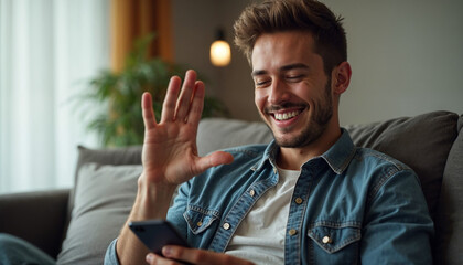 Wall Mural - Young indian man sitting on sofa at home and looking at mobile phone screen and happy with success and received message, showing hand yes