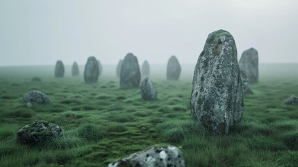 Stone monument in a misty green field.