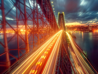 Wall Mural - A bridge with a city skyline in the background. The bridge is lit up with lights and the cars are moving quickly