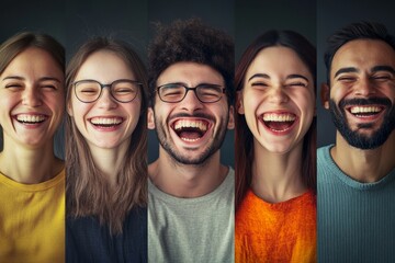 Collage of diverse people expressing positive emotions happiness smile joy, Generative AI