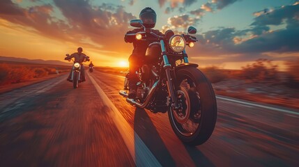 A lone motorcyclist rides a motorcycle on a highway at sunset.