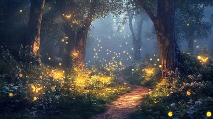 Wall Mural - Magical Forest Path with Glowing Fireflies at Night.
