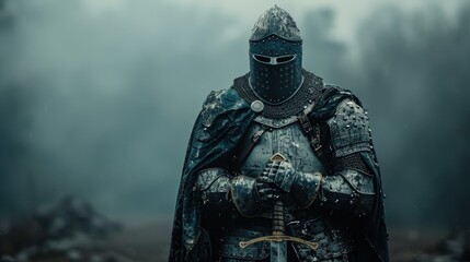 A lone knight in full armor stands in a misty forest