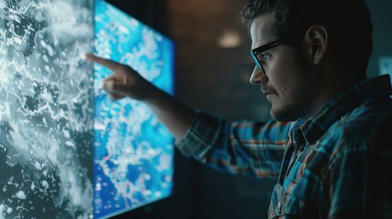 Software developer is pointing at a computer screen with source code on it