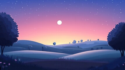 Wall Mural - Peaceful Nighttime Landscape with Starry Sky and Full Moon Over Rolling Hills.