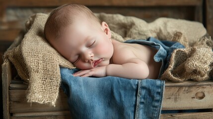 Infant boy sleeps on stomach in rustic crate lined with burlap and denim against wood background.