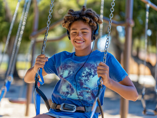 Sticker - A young boy wearing a blue shirt and a belt is swinging on a swing. He is wearing headphones and smiling