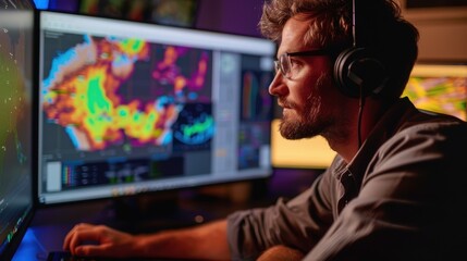 Wall Mural - meteorologist analyzing weather forecast on computer in monitoring center