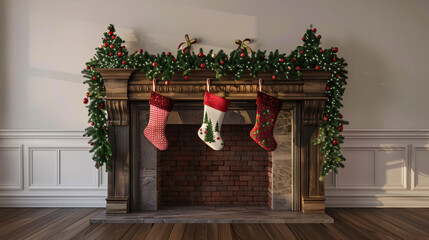Aufkleber - Christmas interior with a fireplace decorated for the holidays with christmas stockings, garlands and lights