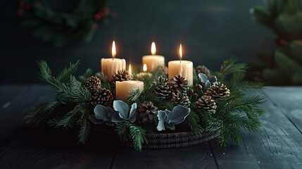 Canvas Print - Creating a cozy christmas ambiance with burning advent candles, pine cones, and fir branches on a rustic wooden table