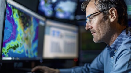 Wall Mural - meteorologist analyzing weather forecast data on computer screens