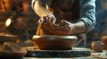 A man is making pottery in a studio