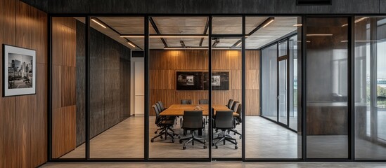 Sticker - Modern Office Interior with Glass Walls and Wooden Panels