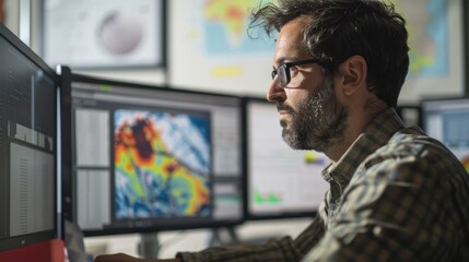 Wall Mural - meteorologist analyzing weather forecast data on computer screens