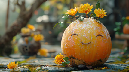 The pumpkin is placed on a stone surface with small yellow flowers scattered around it. 