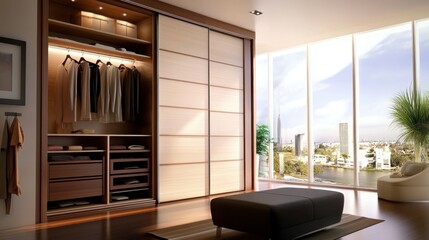 A modern and sleek walk-in wardrobe with sliding glass doors, wooden paneled walls, built-in shelves and rails for clothing, a bench in the center, minimalist and luxurious interior design, natural li