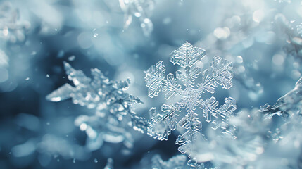 Poster - Captivating snowflake gracefully drifts through a softly blurred winter sky, revealing its intricate details and symmetrical six-sided pattern