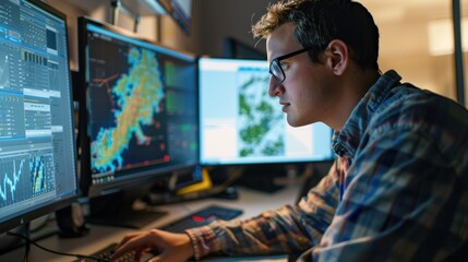 Wall Mural - financial analyst is working late, analyzing charts and graphs on his computer