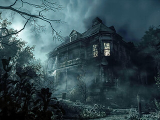 Wall Mural - A creepy house with a foggy atmosphere. The house is surrounded by trees and has a creepy vibe