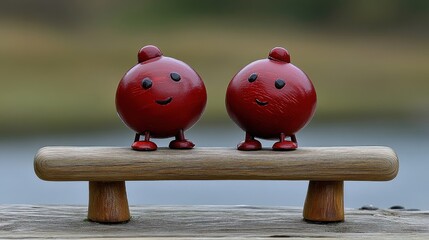 Two red, round, smiling figurines sit on a small wooden bench with a blurred natural background - AI Generated Digital Art.