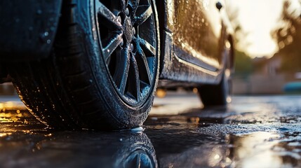 Side view of car tire, Aluminum rims, sports rim and tire, Modern rim, racing steering wheel and isolated tire.