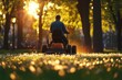 © Vooglo.com - A person in a large public park with a riding lawnmower cutting through patches of dandelions