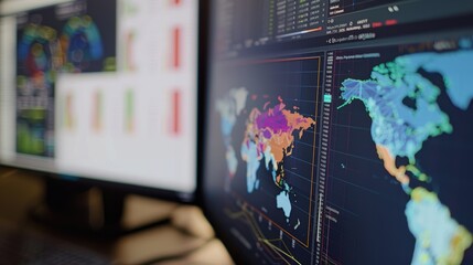 Wall Mural - modern computer screen showing charts and world map with financial data from global stock market exc