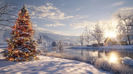 Poster - Christmas tree covered in snow and sparkling lights stands by a frozen lake, with a house and mountains in the background at sunrise