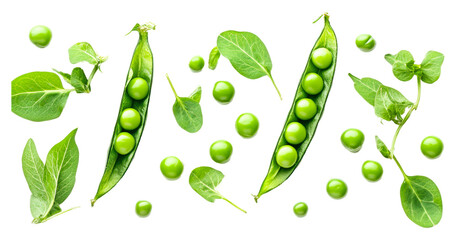 Green peas and pods isolated on transparent background