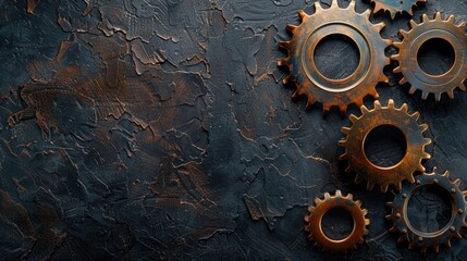 Leinwandbilder - Rusty gears lying on dark textured background with copy space