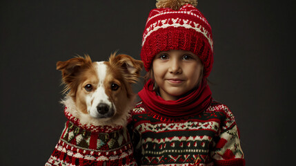 Canvas Print - Girl and her dog pose in matching christmas sweaters against a dark backdrop