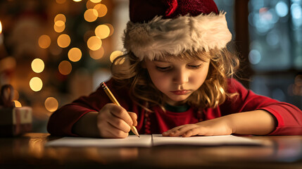 Wall Mural - Young girl writing a letter by pencil at night, bathed in the cozy glow of christmas lights