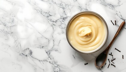 Creamy vanilla pudding in a bowl on white marble background.