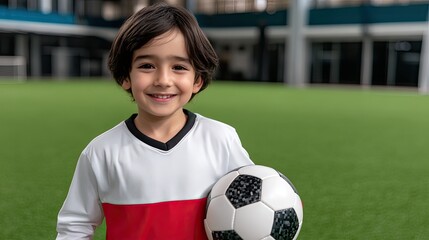 Poster - A cheerful young boy dressed in a white and red jersey holds a soccer ball, showcasing his enthusiasm for the game on a lush green field