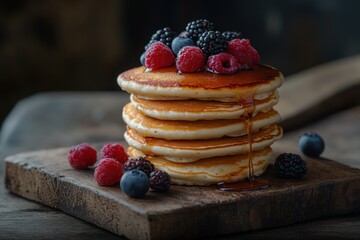 Canvas Print - Delicious Stack of Pancakes with Berries and Syrup