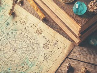 an intimate astrology consultation with detailed natal charts, zodiac symbols, and celestial-themed 