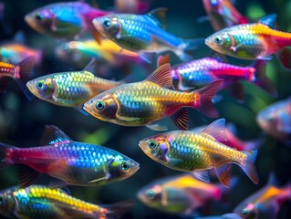 Vibrant Spectrum of Ornamental Rainbowfish Swimming in Aquarium