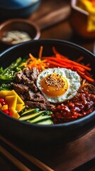 Wall Mural - Bibimbap. Rice noodles with beef, vegetables and egg
