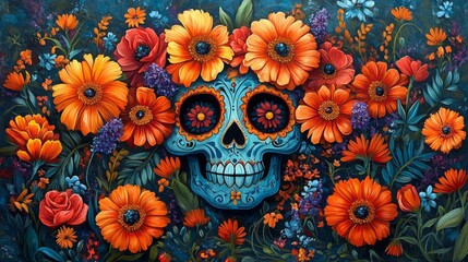 A colorful Dia de los Muertos artwork showcases a skull adorned with intricate designs, surrounded by vibrant flowers in orange and purple hues.