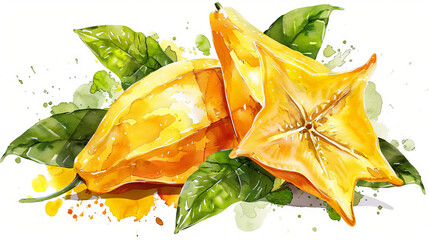 Watercolor Illustration of Fresh Starfruit - Artistic Depiction of Tropical Fruit, Natural Beauty, and Vibrant Colors. Isolated on white background