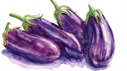 Watercolor illustration of a cluster of purple eggplants on a white background. Concept of fresh produce, healthy eating, vegetarian, and artistic food presentation. Isolated on white background