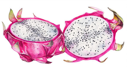 Vibrant Watercolor Illustration of a Dragon Fruit Cut in Half Showcasing the Detailed Interior with Black Seeds. Concept of Tropical Fruits, Healthy Eating, Exotic Food. Isolated on white background