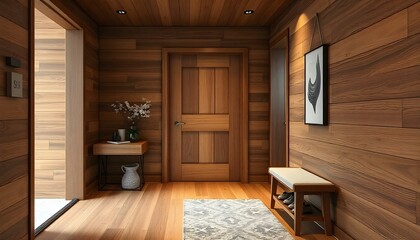 Wall Mural - Interior stylish modern wooden entrance hallway decor with cozy wooden tone, contemporary home with furniture desk, stand and shoe bench.
